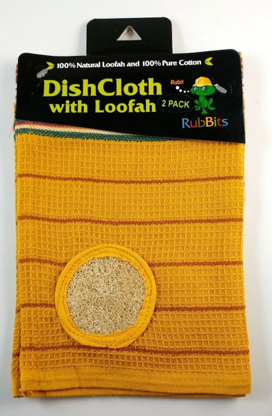 Kitchen Dishcloth Yellow 100% Natural Cotton With Built In Loofah Scrubber
